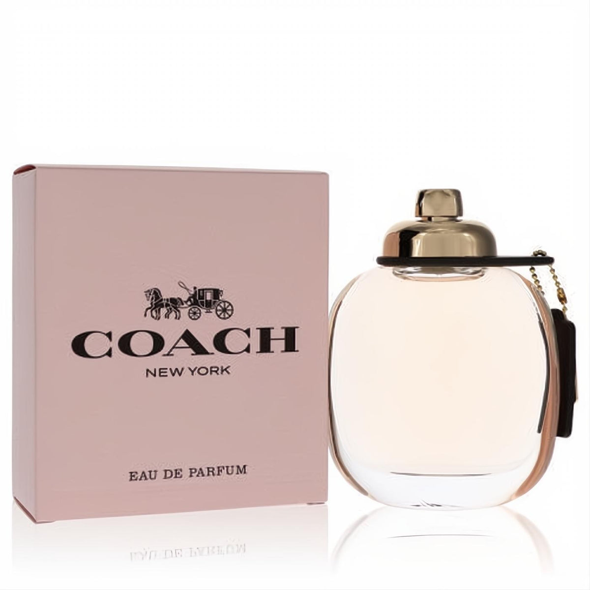 Coach Eau De Parfum for women. Elegant 3oz clear bottle with blush pink liquid, gold cap, and signature black tag. Pink box.