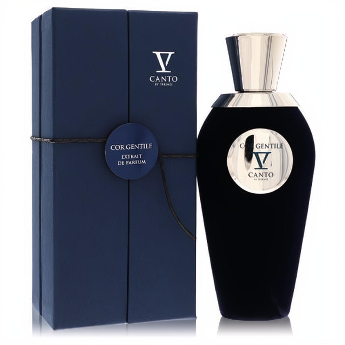 Exquisite V Canto Cor Gentile V 3.38 oz extrait de parfum. Deep blue velvet bottle with a sleek silver cap and elegant matching box.