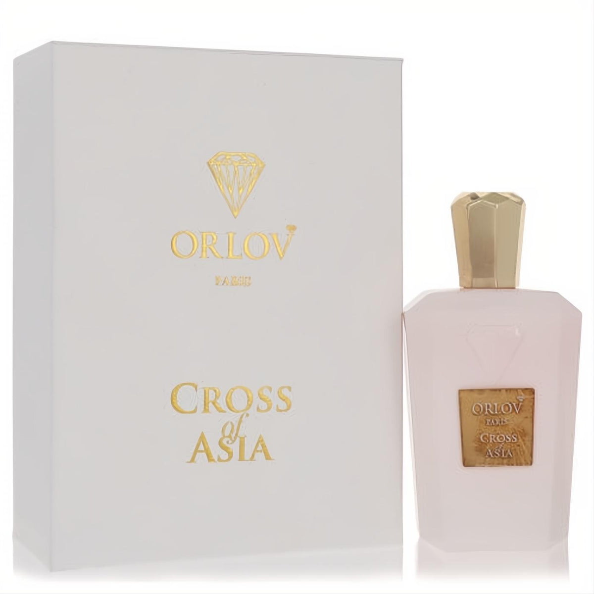Luxurious Orlov Paris Cross of Asia perfume. Features an elegant light pink bottle with a gold faceted cap and matching white box with gold branding.