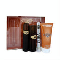 Complete Cuba Gold men's fragrance gift set: two dark brown, one silver cigar-shaped bottles, and an orange shower gel.