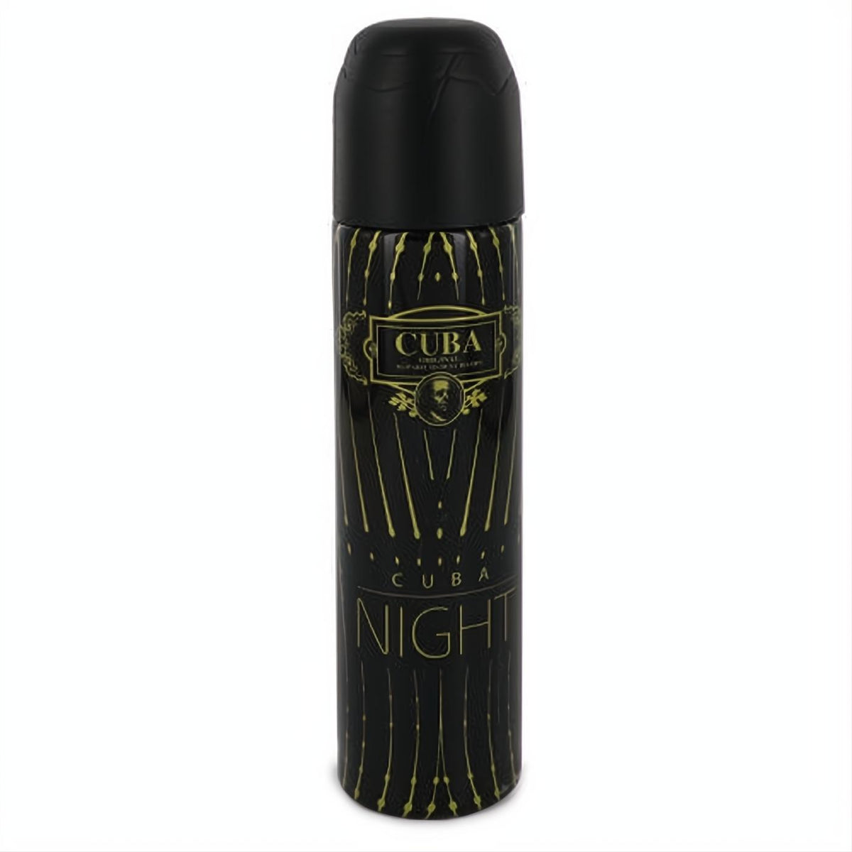 Captivating Cuba Night 3.3 oz women's Eau De Parfum spray. Black bottle with luxurious gold art deco design and branding.