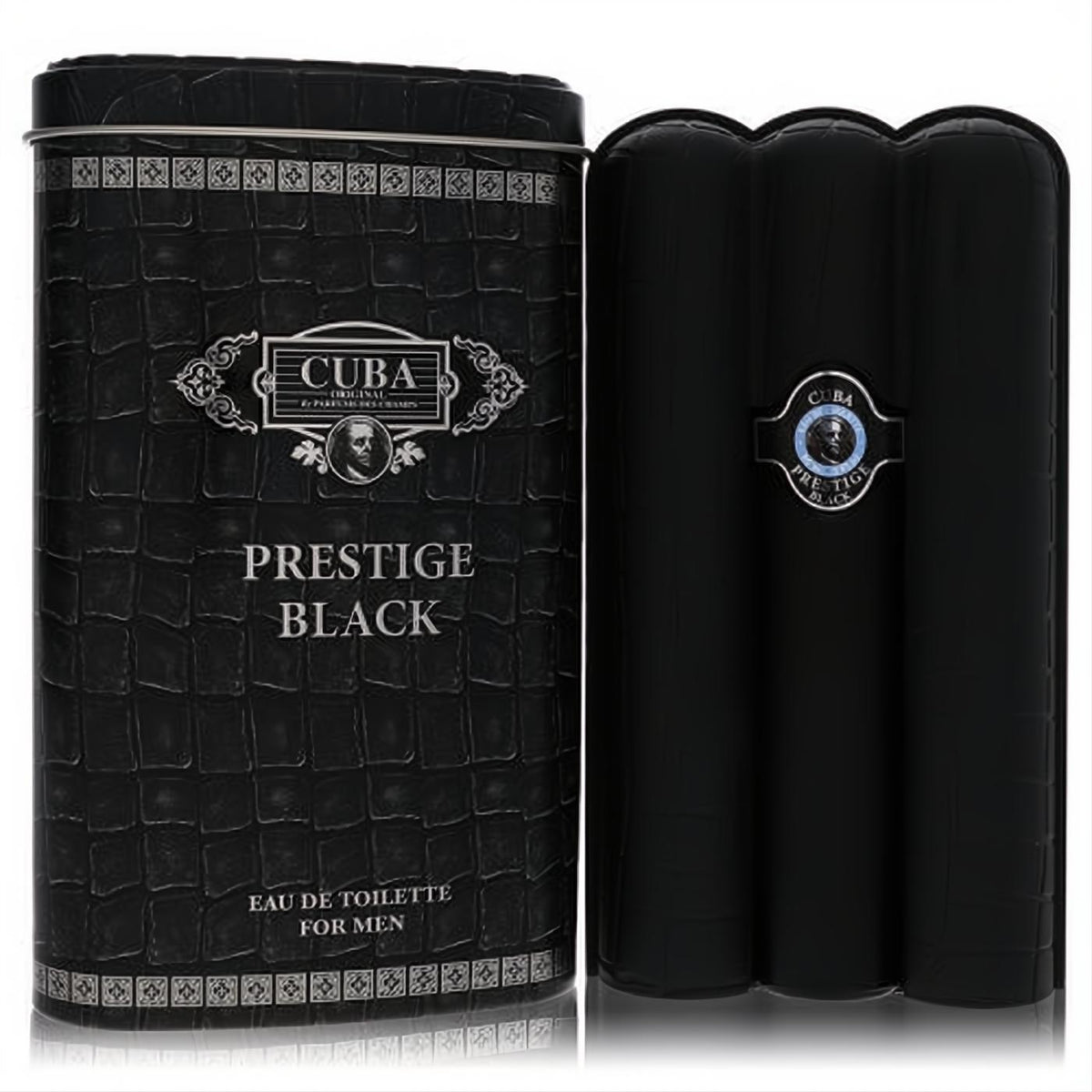 Cuba Prestige Black 3 oz men's Eau De Toilette: sleek black crocodile-textured tin and unique cigar-shaped bottle.