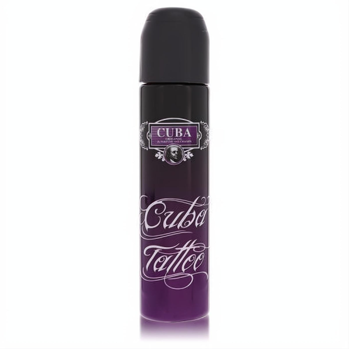 Indulge your senses with Cuba Tattoo 3.4 oz women's EDP. Sleek purple gradient spray bottle, black cap, script logo.