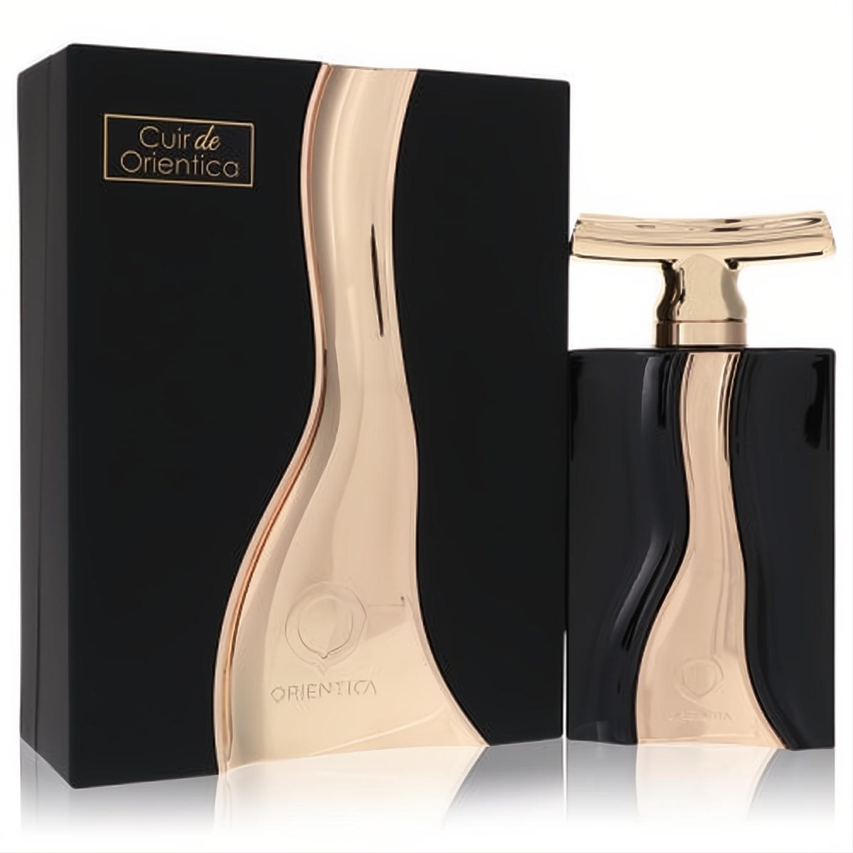 Cuir De Orientica 3 oz luxury fragrance. Black bottle and matching box with elegant wavy rose gold metallic accents.