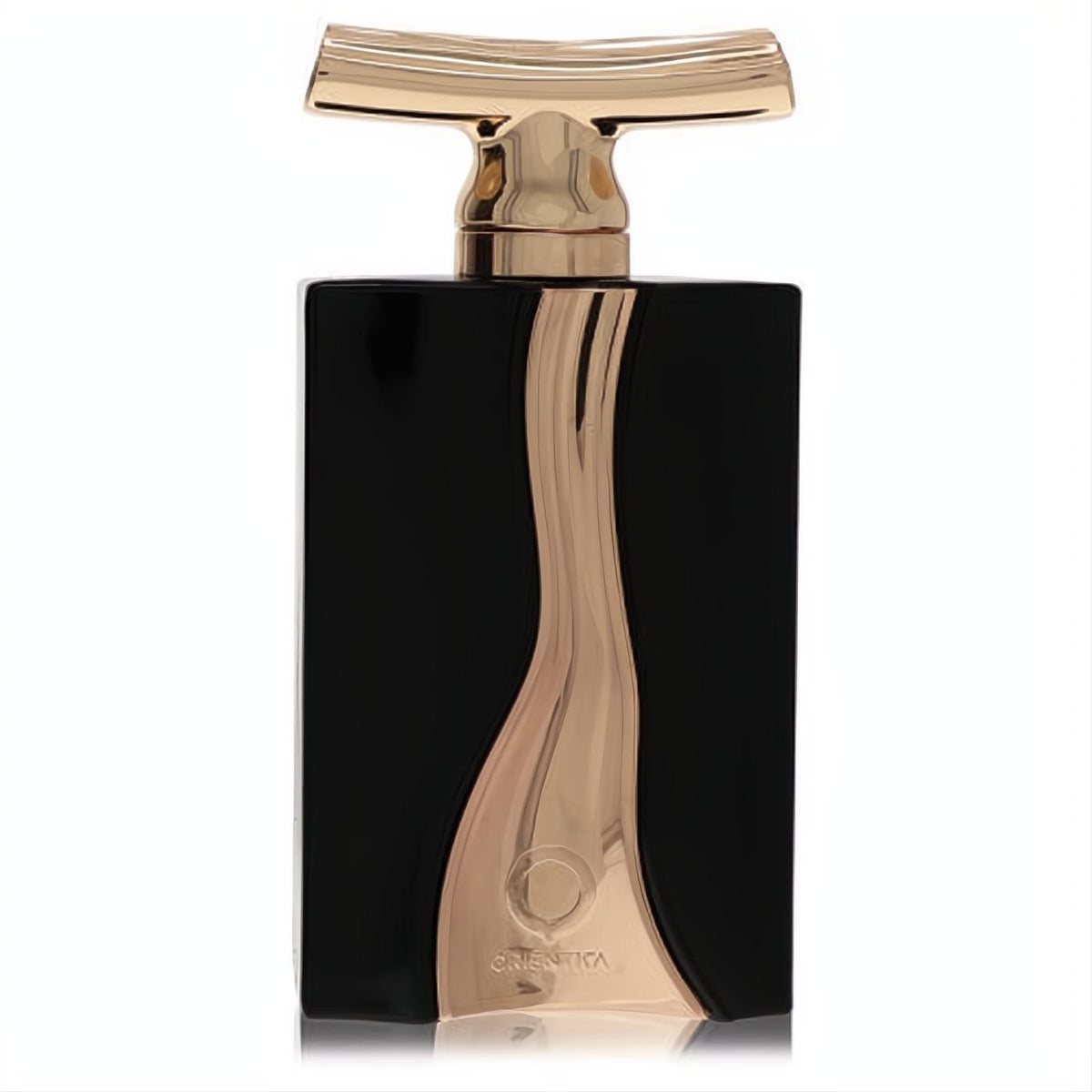 Elevate your scent with Al Haramain's Cuir De Orientica 3 oz EDP. Sleek black bottle, rose gold wave design, unique cap.