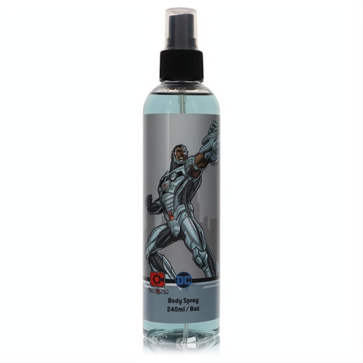 Powerful DC Comics Cyborg 8oz men's body spray. Clear plastic bottle, vibrant blue fragrance, striking Cyborg graphic.