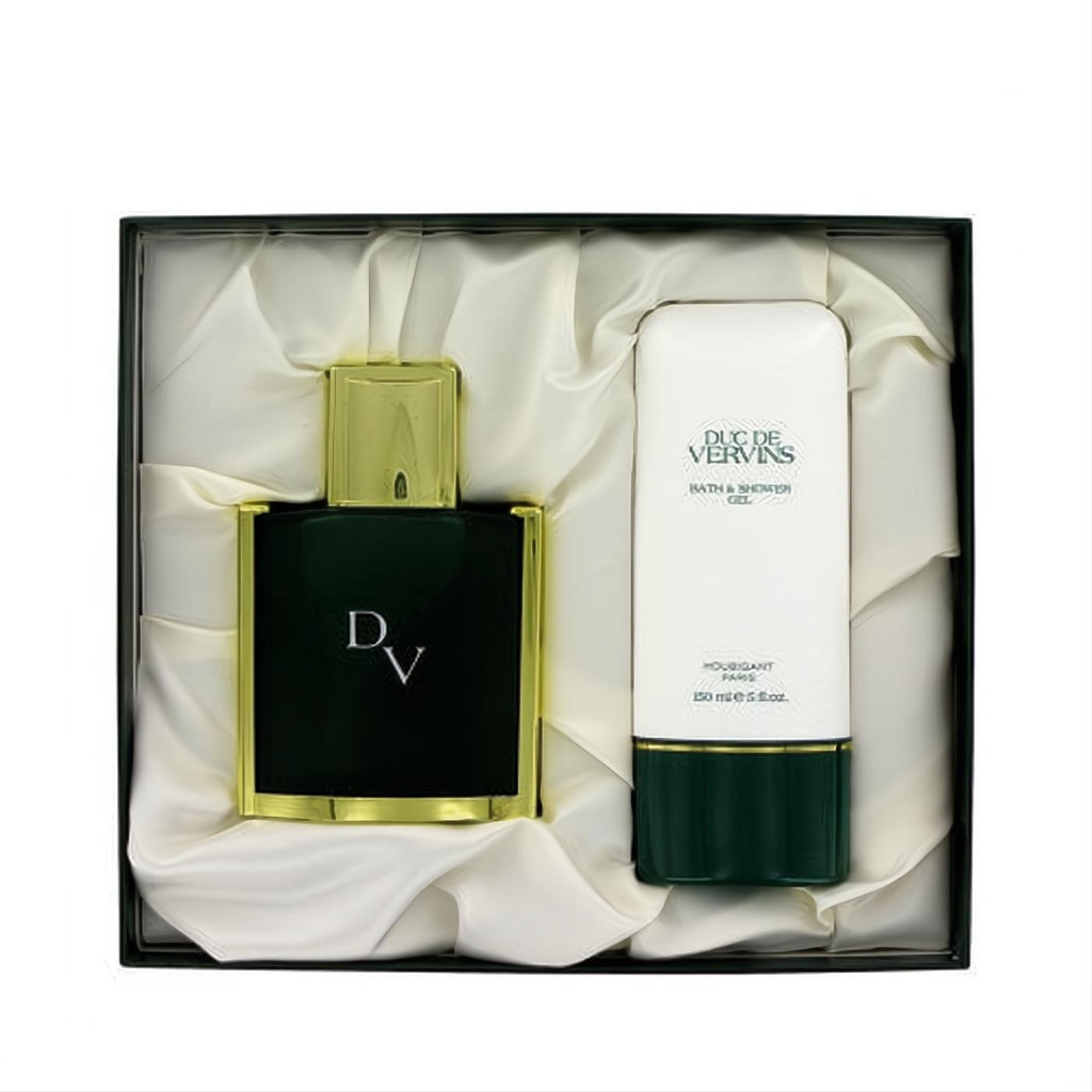Luxurious Duc De Vervins Houbigant gift set: dark green cologne bottle with gold cap & white 5 oz shower gel, in a satin-lined box.