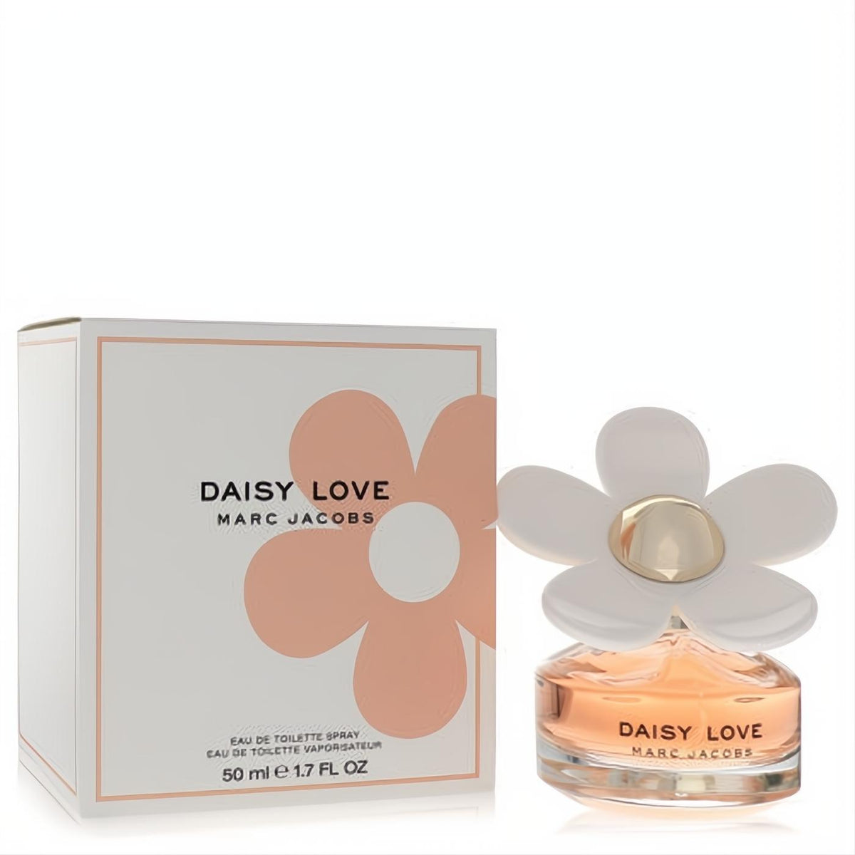 Charming Marc Jacobs Daisy Love 1.7 oz EDT spray with a clear bottle, peach liquid, and iconic white daisy cap with gold center, beside its floral box.