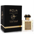Luxurious Roja Parfums Danger Pour Homme 1.7 oz EDP. Elegant clear glass bottle with ornate black and gold cap, beside its sleek black and gold box.