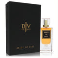 De'Javu Bride of East 2.5 oz unisex EDP. Golden amber fragrance in a clear bottle with black label, beside a luxurious matte black box.