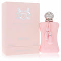 Delina by Parfums De Marly 75ml pink perfume bottle, featuring a silver cap and elegant tassels, presented with its matching box.