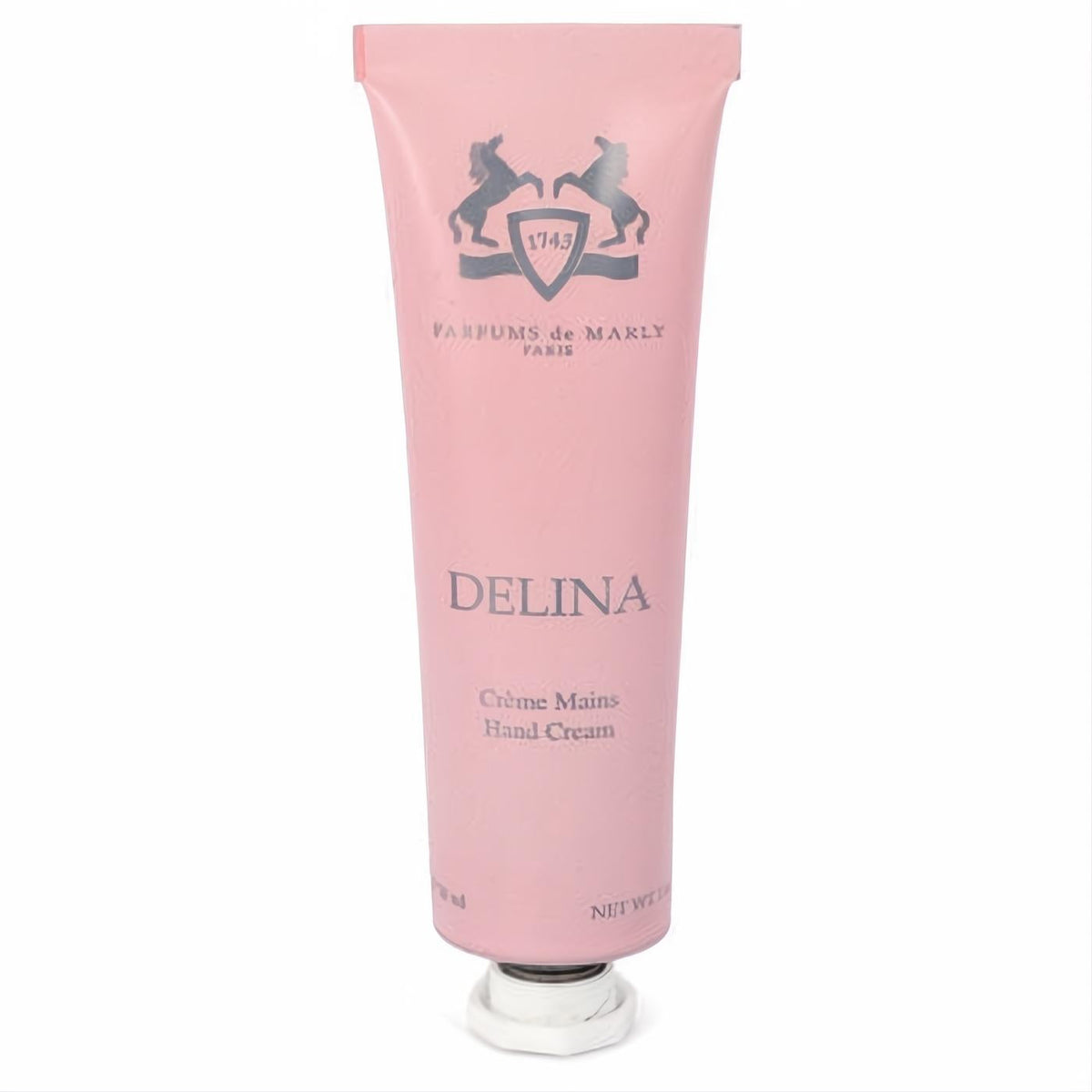 Delina by Parfums De Marly 1 oz pink hand cream tube. Features elegant horse logo and 'Crème Mains' for luxurious pampering.
