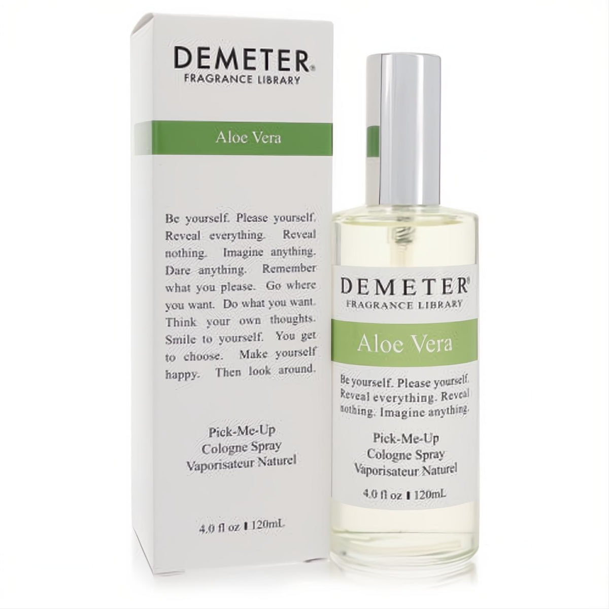 Refreshing Demeter Aloe Vera 4 oz cologne spray in a clear glass bottle with white and green label, next to its matching box.