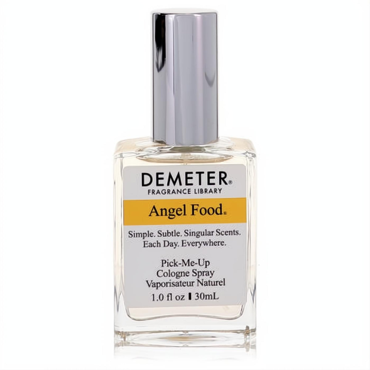 Demeter Angel Food 1 oz cologne spray in a clear glass bottle with a sleek silver cap and vibrant yellow label.