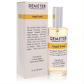 Demeter Angel Food 4 oz women's cologne spray. Clear glass bottle with silver cap, light yellow liquid, beside its elegant white and gold box.
