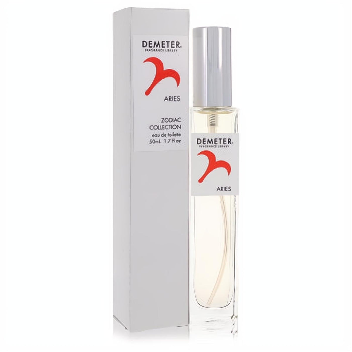 Demeter Aries 1.7 oz women's fragrance: clear glass spray bottle, silver cap, and white box with bold red zodiac symbol.