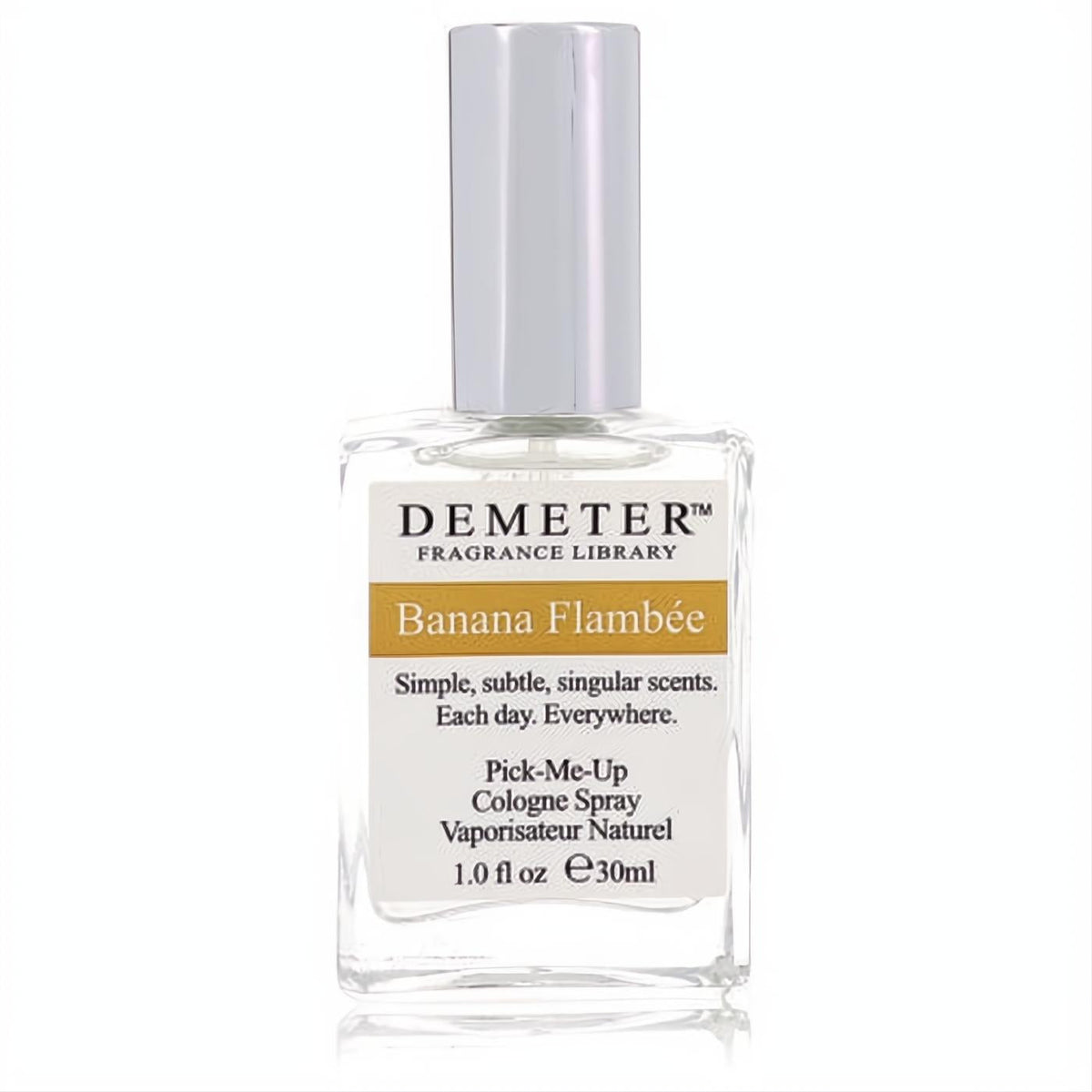 Demeter Banana Flambee 1 oz women's cologne spray. Clear glass bottle, sleek silver cap, and a vibrant golden label.