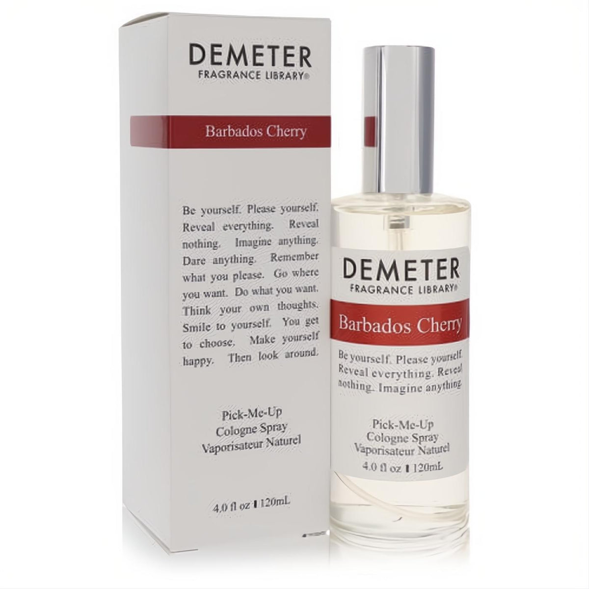 Vibrant Demeter Barbados Cherry 4 oz cologne spray in a sleek clear glass bottle with a silver cap, displayed with its elegant white and red box.