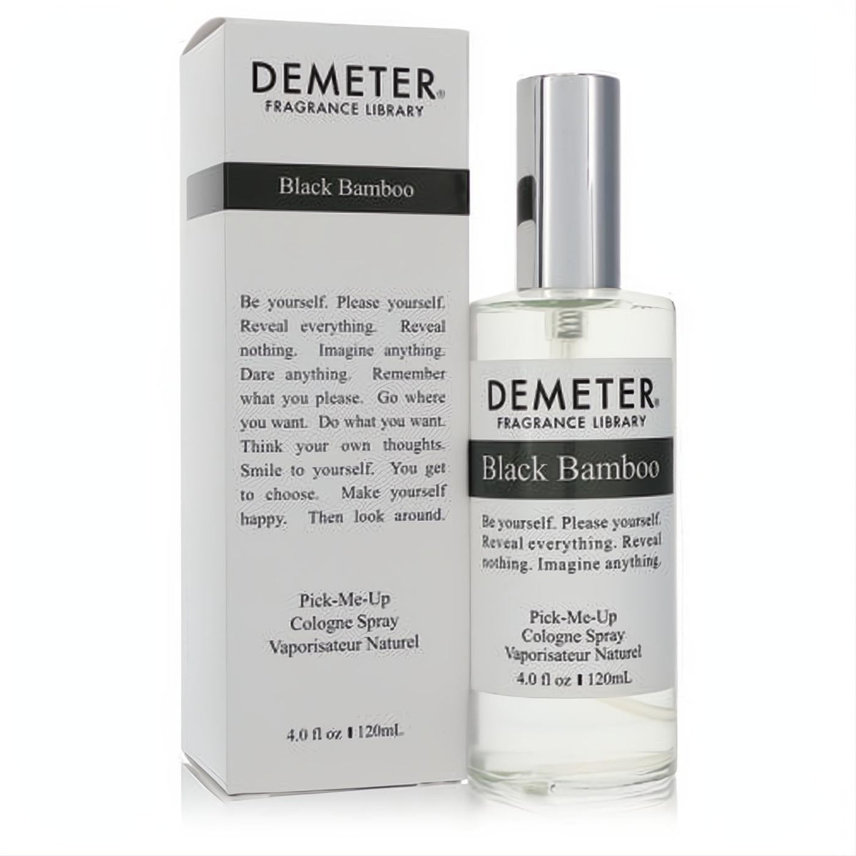 Demeter Black Bamboo 4 oz unisex cologne spray: clear glass bottle with sleek silver cap, next to its crisp white box.