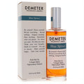 Invigorating Demeter Blue Spruce 4 oz cologne spray: clear bottle, warm orange liquid, sleek silver cap, white box.