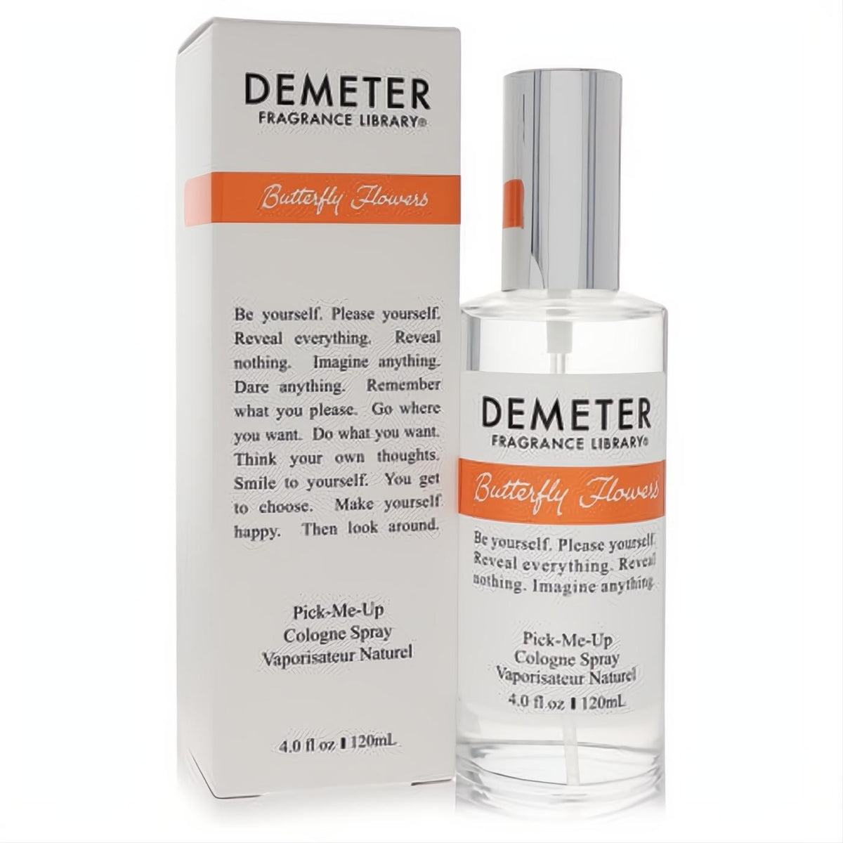 Demeter Butterfly Flowers 4 oz cologne spray. Clear glass bottle with silver cap and white box, featuring vibrant orange branding.