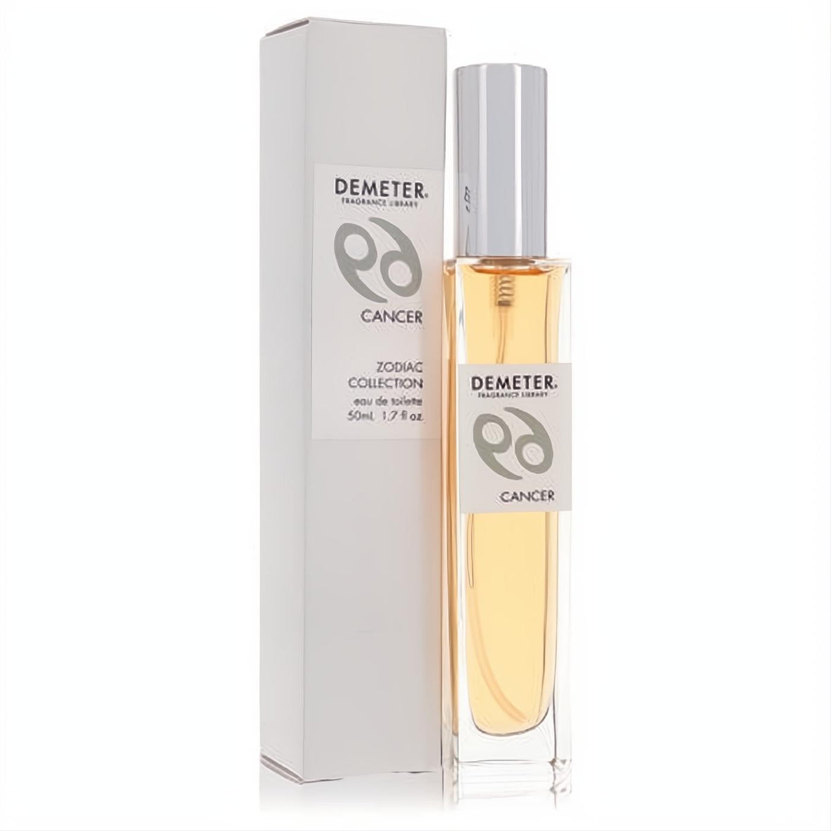 Demeter Cancer 1.7 oz Eau De Toilette spray in a clear glass bottle with amber liquid, silver cap, and white zodiac box.