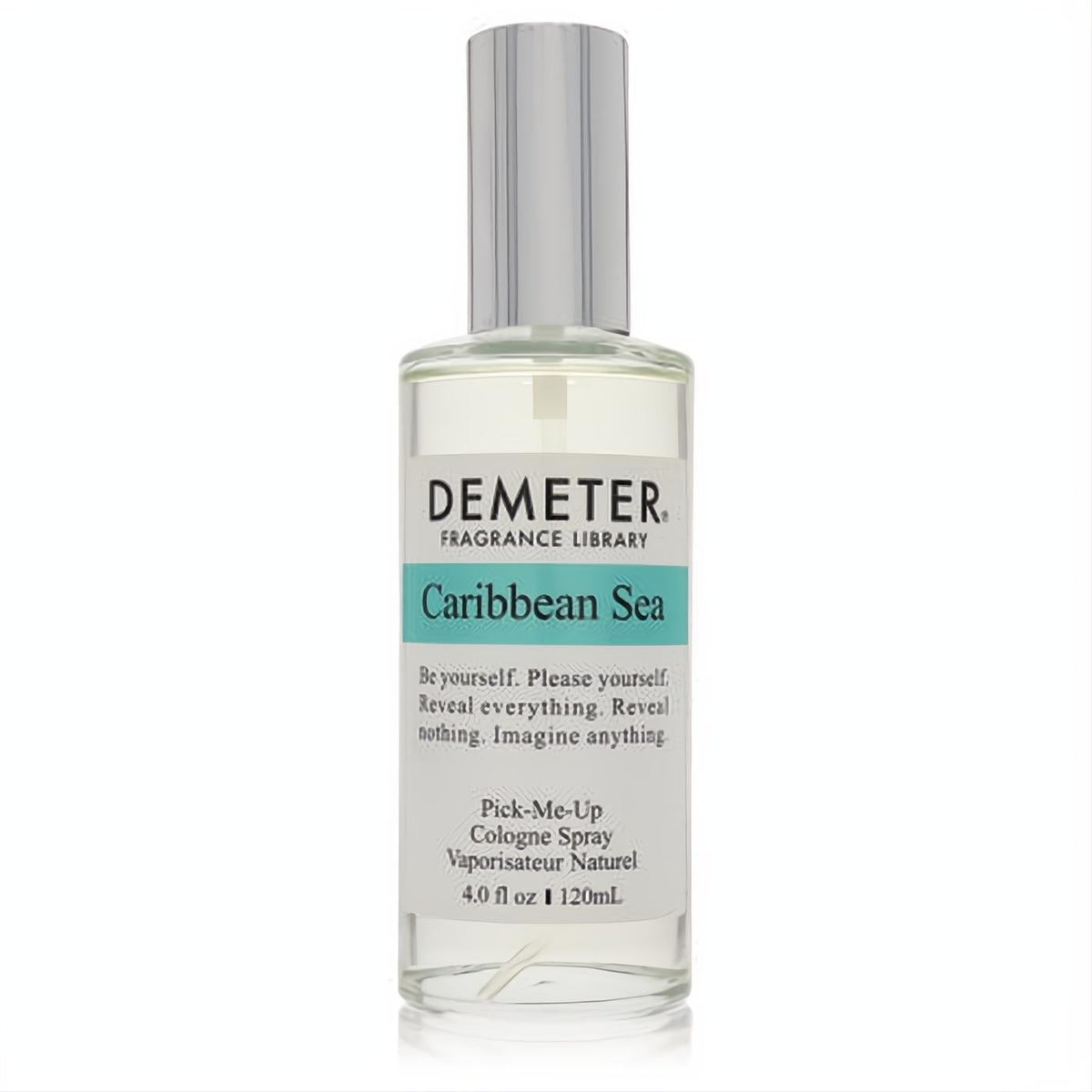 Demeter Caribbean Sea 4 oz cologne spray in a clear glass bottle with a sleek silver cap and refreshing teal label.