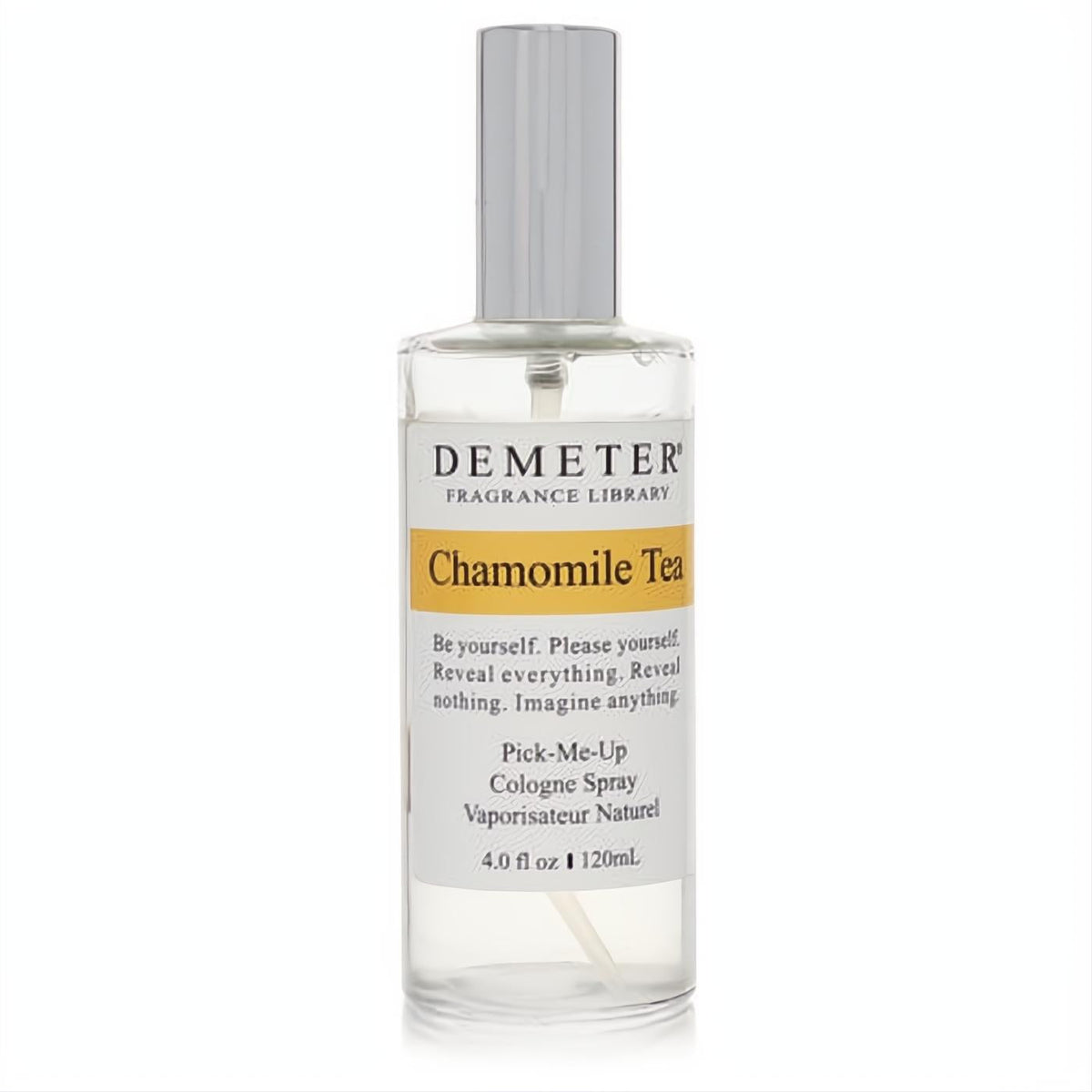Invigorating Demeter Chamomile Tea 4 oz cologne spray. Clear glass bottle, sleek silver cap, and signature yellow label.