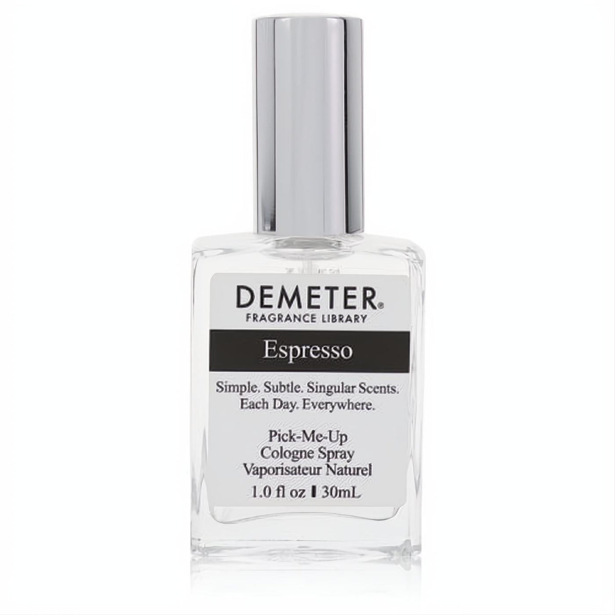 Demeter Espresso 1 oz cologne spray. Clear glass bottle with a sleek silver cap, delivering a fresh, comforting coffee aroma.