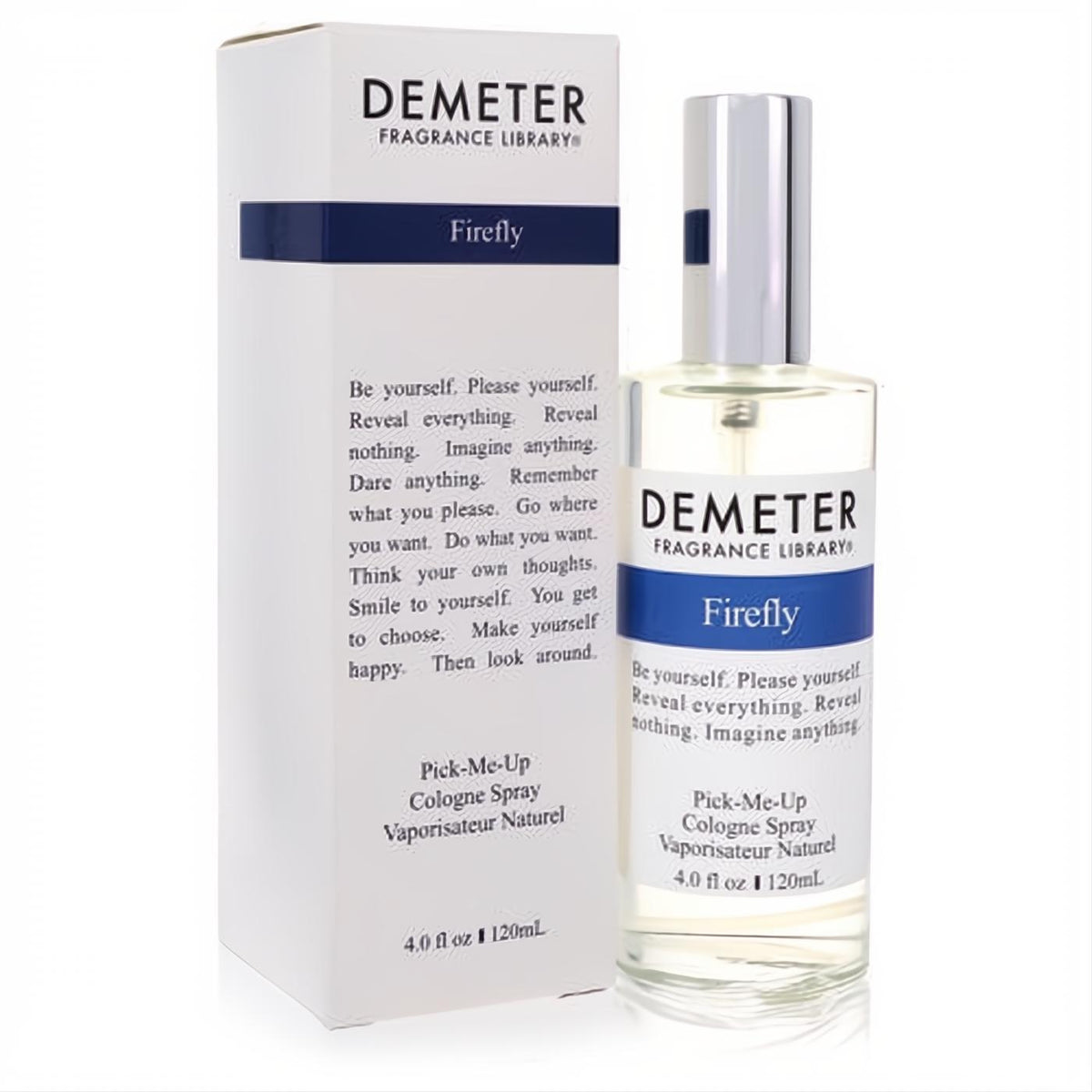 Demeter Firefly 4 oz cologne spray: clear glass bottle with silver cap, presented in its elegant white box.