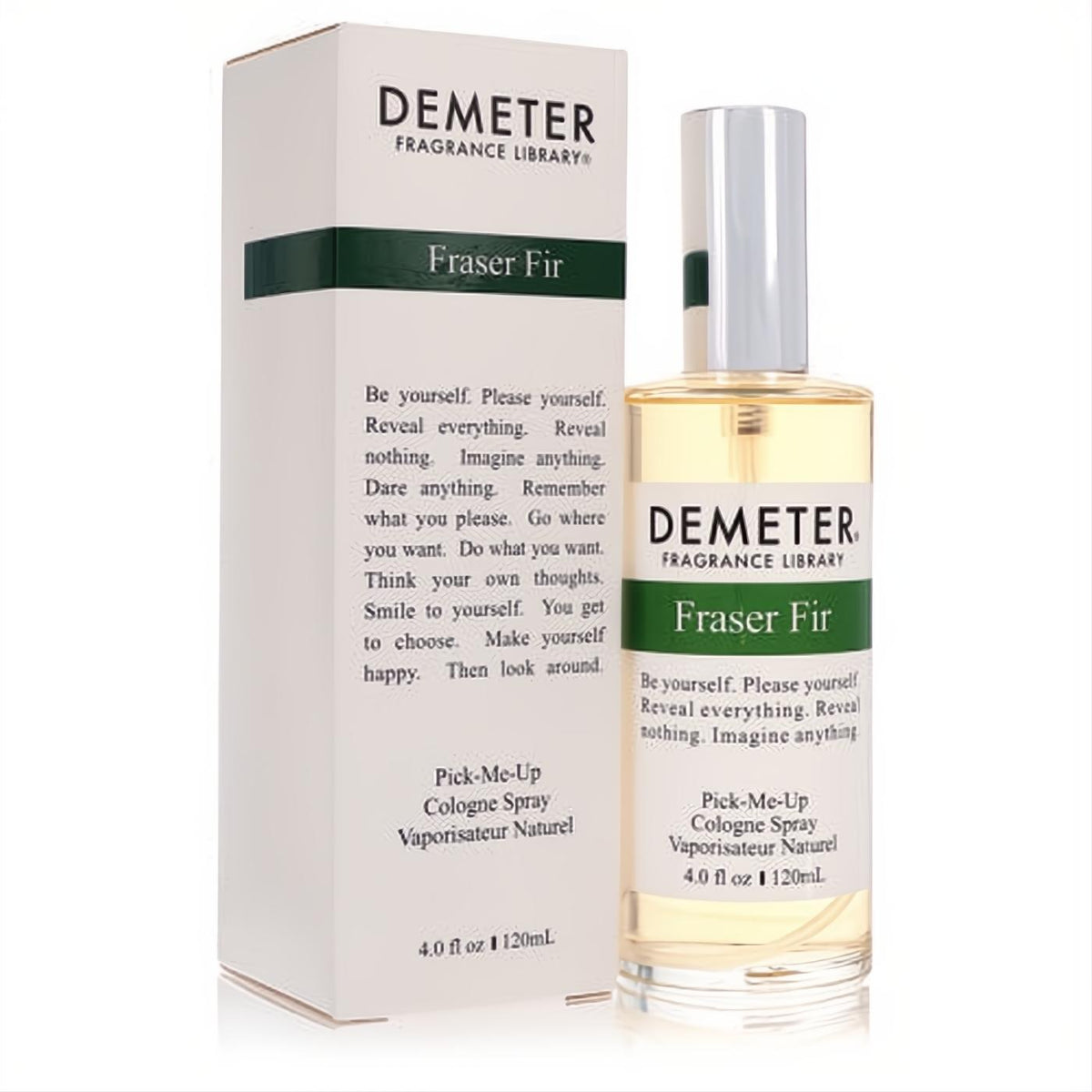 Demeter Fraser Fir 4 oz cologne spray in a sleek glass bottle with silver cap, presented with its crisp white and green branded box.
