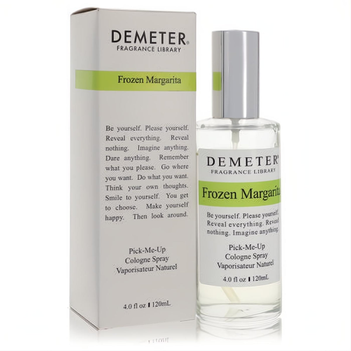 Elevate your day with Demeter Frozen Margarita 4 oz cologne. Clear glass spray bottle, silver cap, and white box with vibrant green accents.