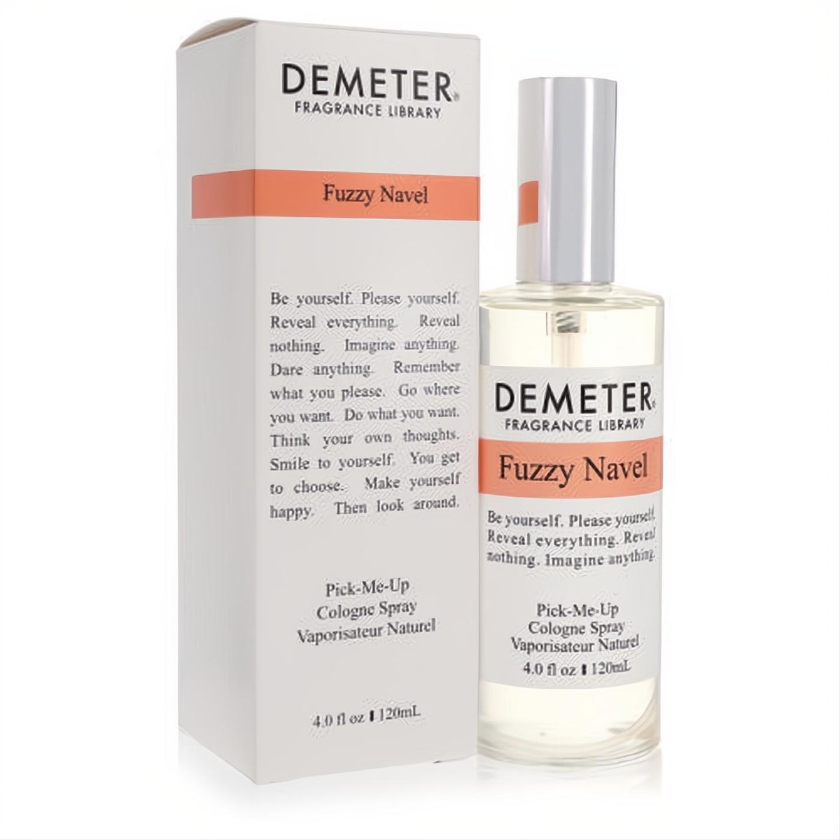 Demeter Fuzzy Navel 4 oz cologne spray, a vibrant clear bottle with silver cap, alongside its sleek white and orange box.