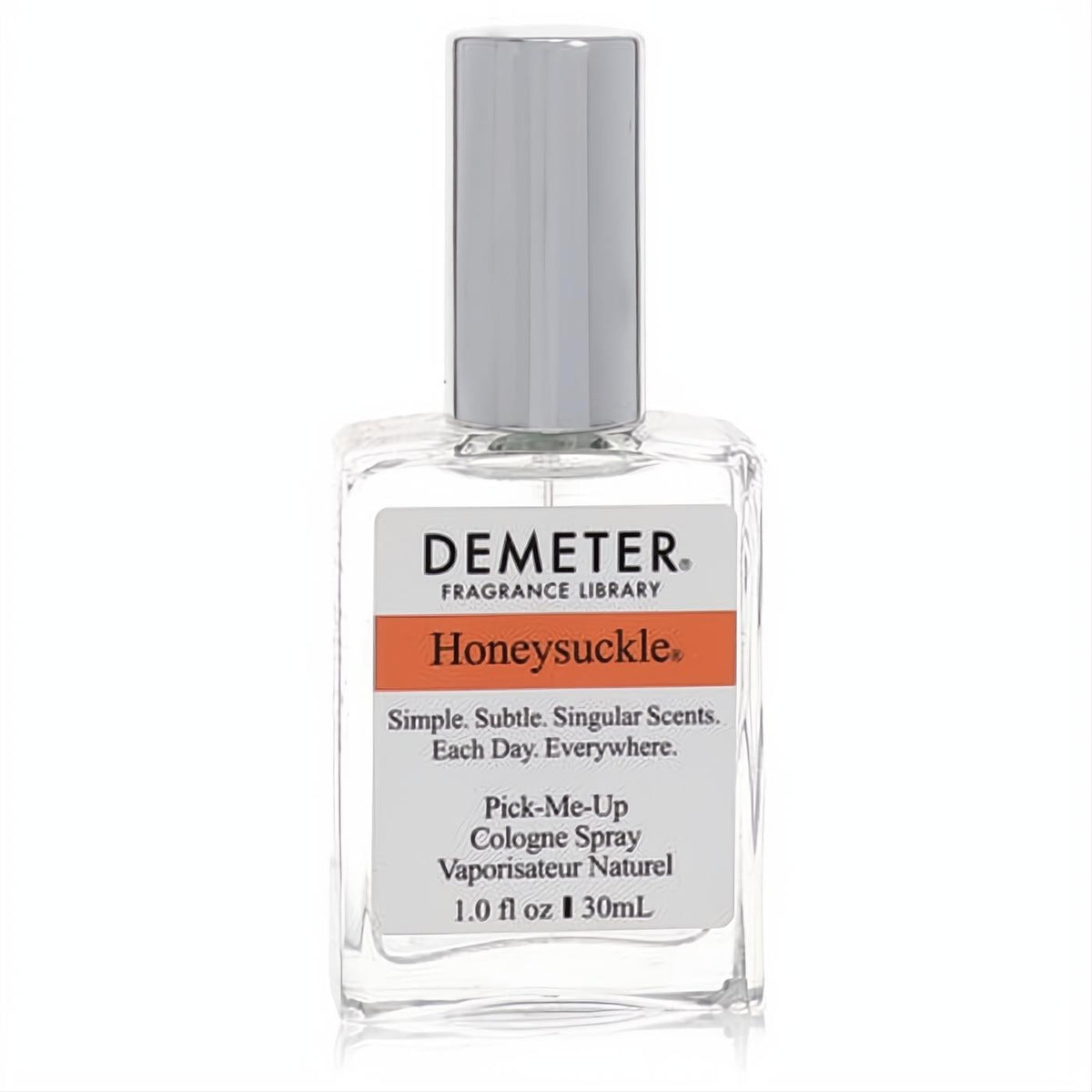 Demeter Honeysuckle 1 oz cologne spray in a clear glass bottle with a sleek silver cap and vibrant orange label.