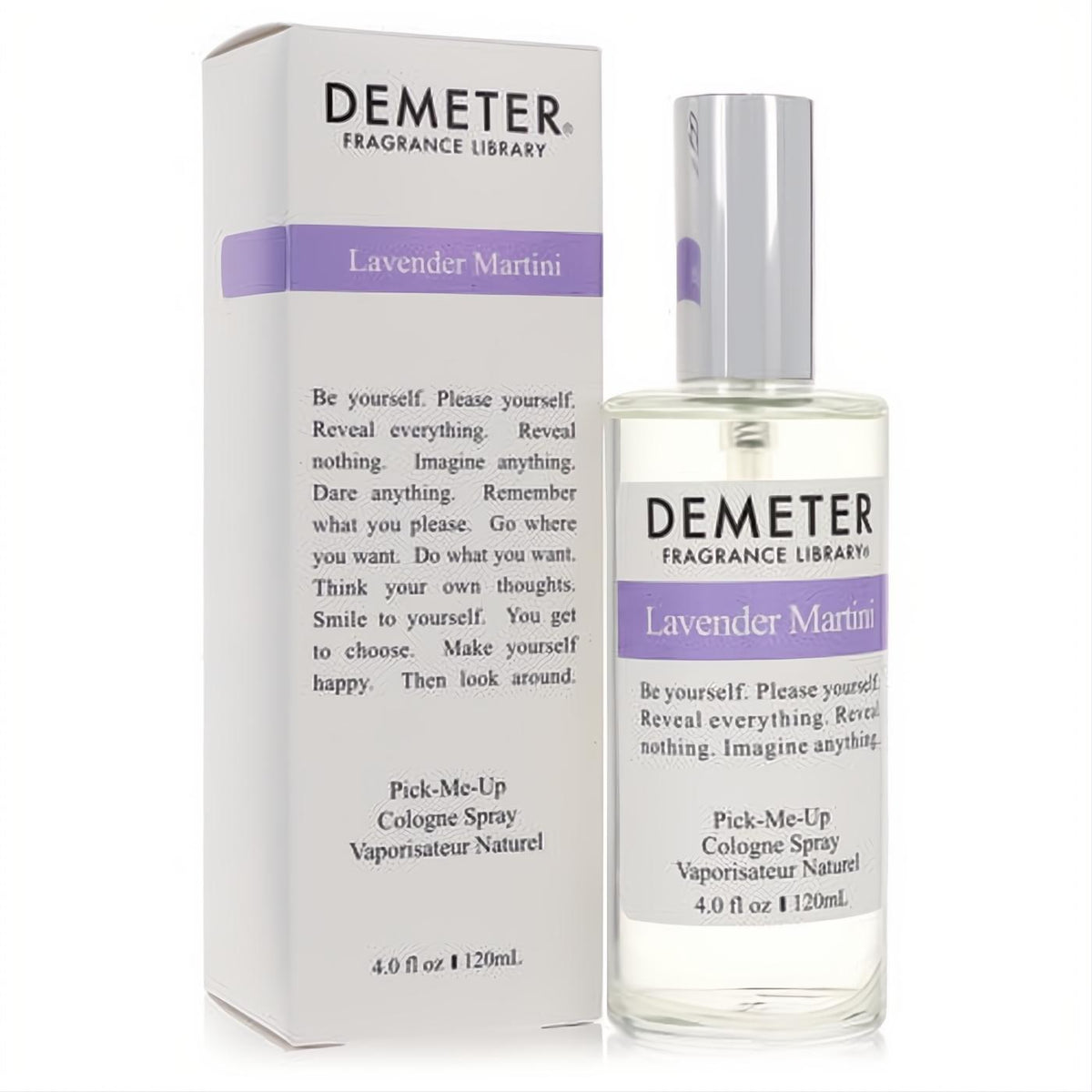 Demeter Lavender Martini 4 oz cologne spray in clear glass bottle with silver cap and elegant white box, featuring a lavender label.