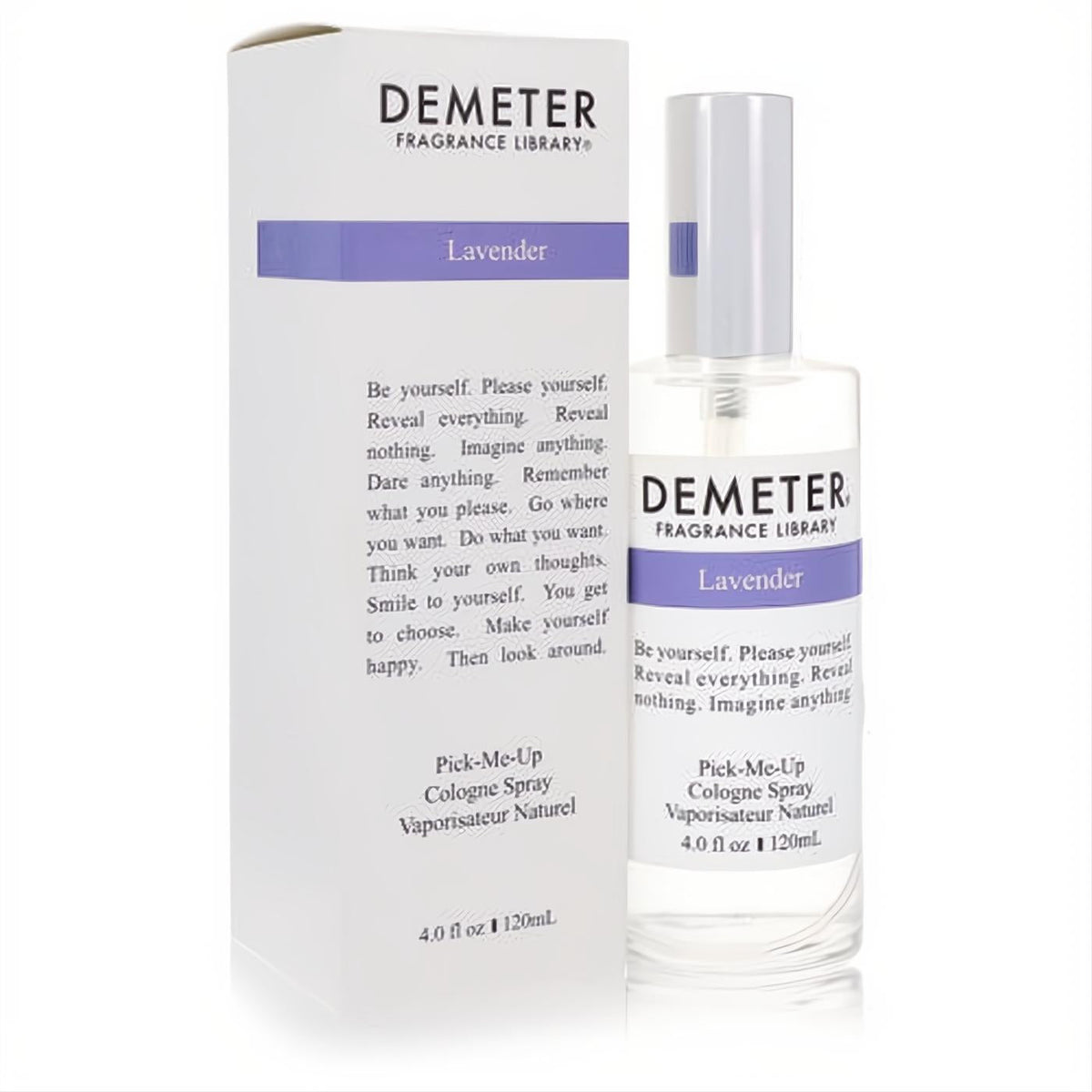 Demeter Lavender 4 oz cologne spray, a captivating floral green fragrance, in a clear glass bottle with a white cap and stylish purple-labeled box.