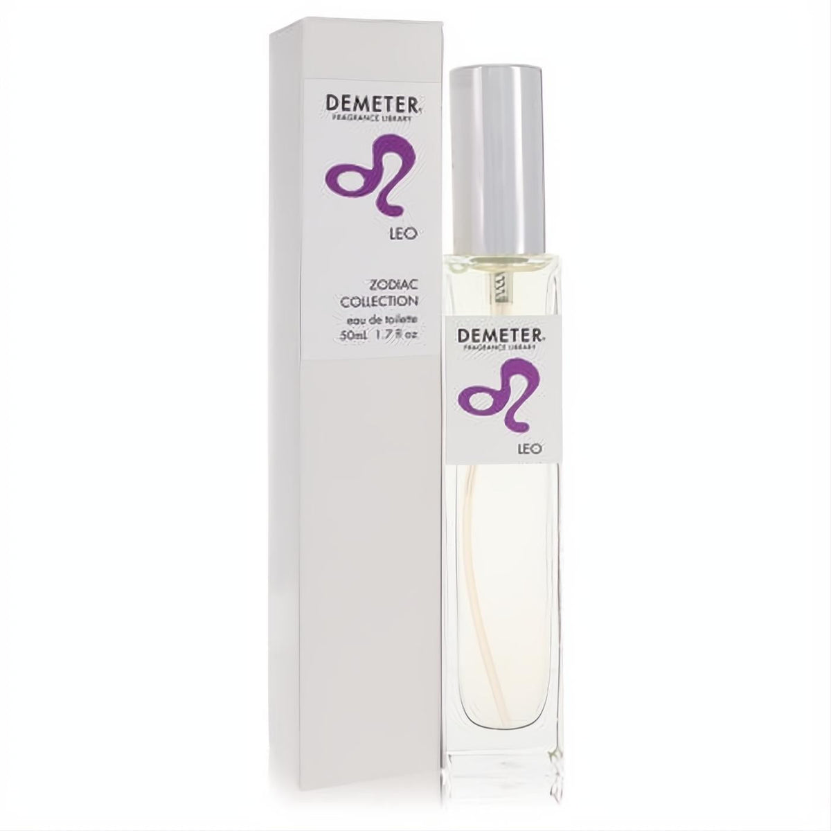 Demeter Leo 1.7 oz Eau De Toilette spray. Clear glass bottle, silver cap, and white box with a bold purple Leo zodiac symbol.