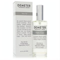 Demeter New Car 4 oz unisex cologne spray. Clear glass bottle with silver cap, displayed next to its elegant white and gray box.
