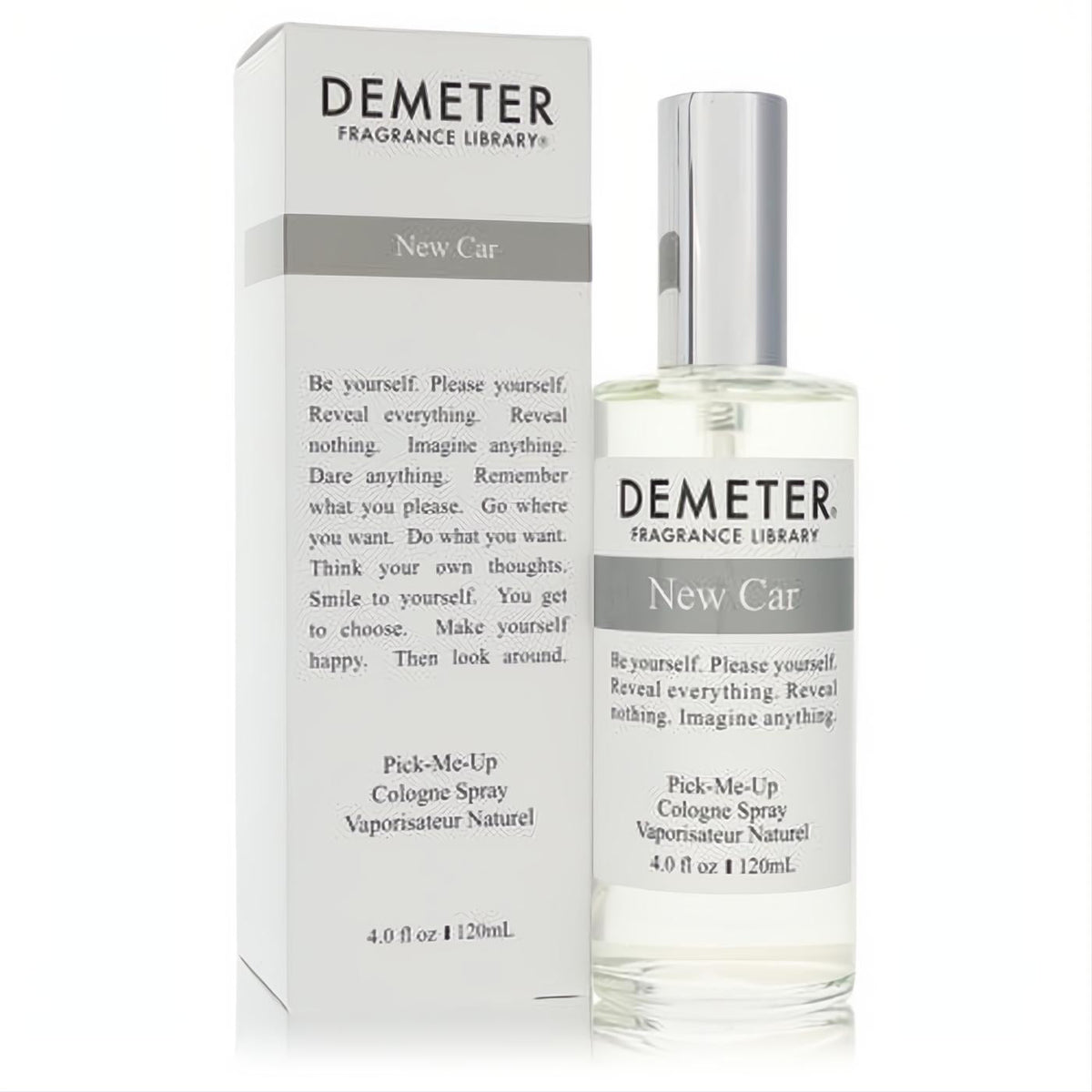 Demeter New Car 4 oz unisex cologne spray. Clear glass bottle with silver cap, displayed next to its elegant white and gray box.