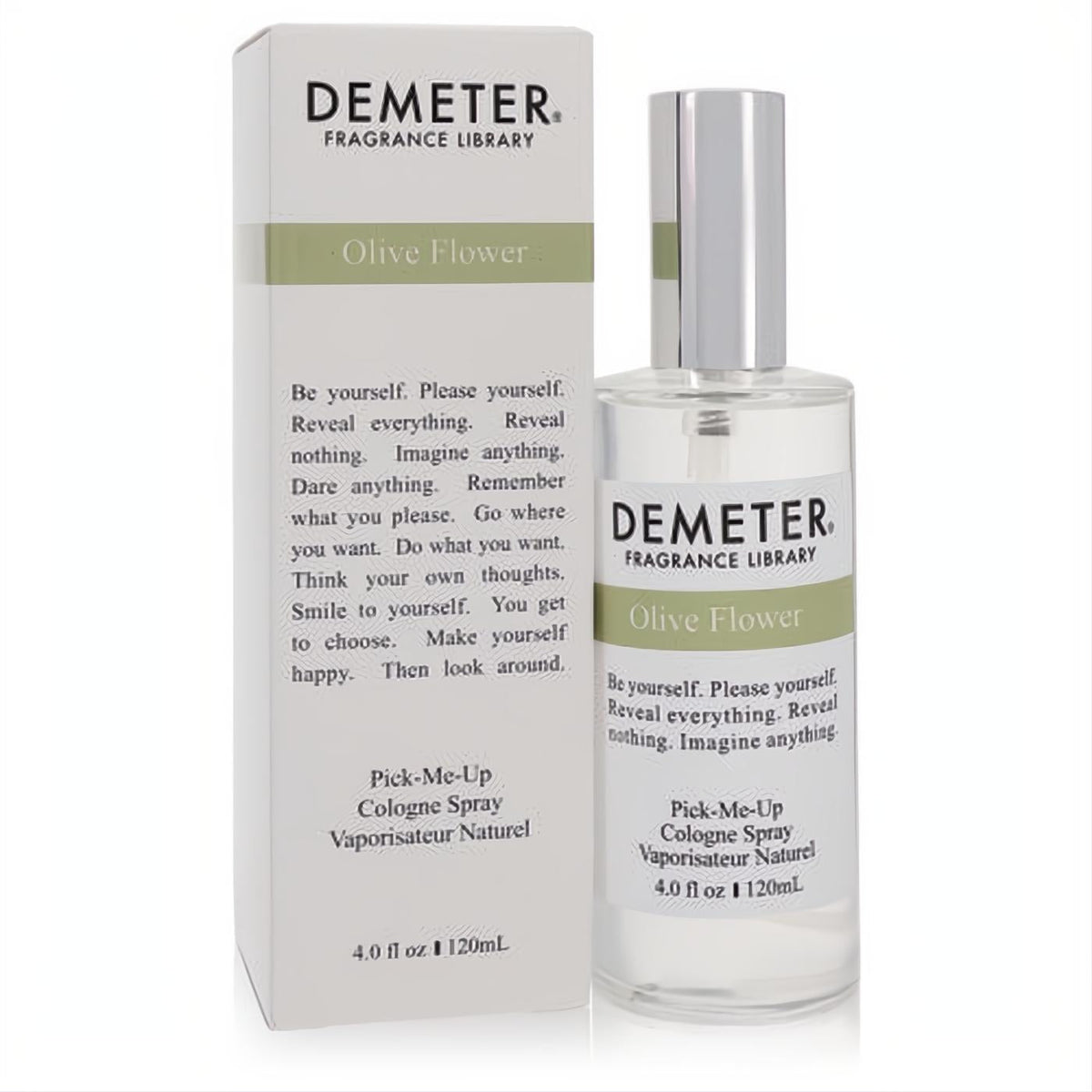 Elegant Demeter Olive Flower 4 oz cologne spray in a clear glass bottle with a sleek silver cap and crisp white & green label.