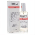Demeter Peach 4 oz cologne spray: clear glass bottle with silver cap, white label, and matching white box with a vibrant peach band.