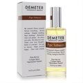Demeter Pipe Tobacco 4 oz cologne spray: clear glass bottle with golden fragrance, sleek silver cap, and matching white box.
