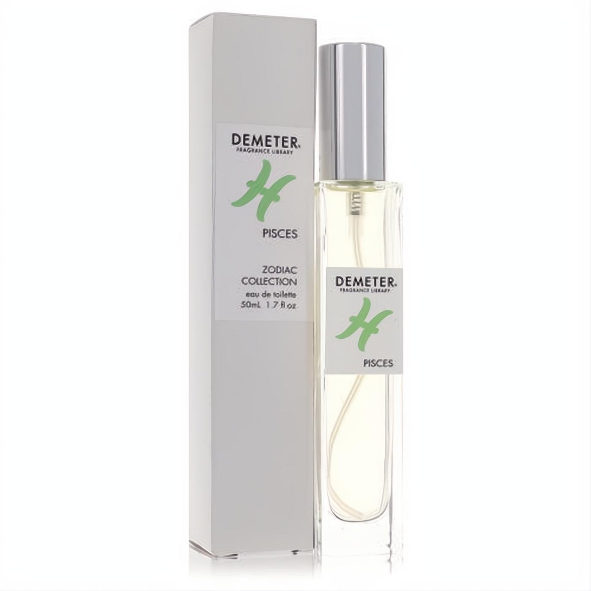 Demeter Pisces Eau De Toilette 1.7 oz spray. Sleek clear glass bottle, silver cap, and green zodiac symbol with matching white box.