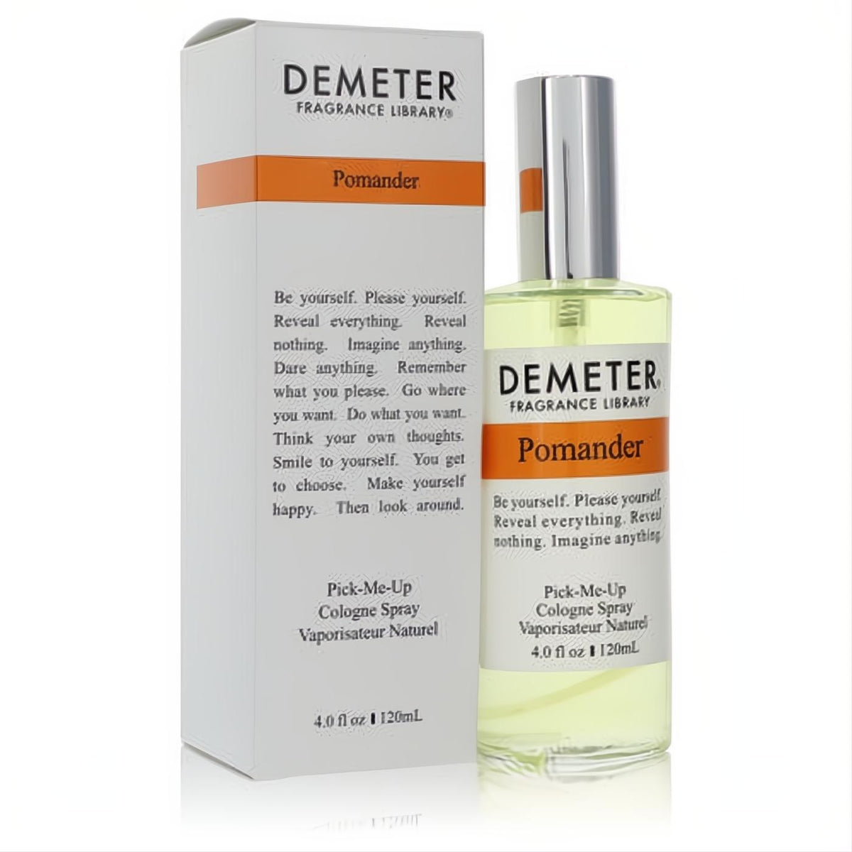 Demeter Pomander 4 oz unisex cologne spray. Elegant clear glass bottle with silver cap, paired with its stylish white and orange box.