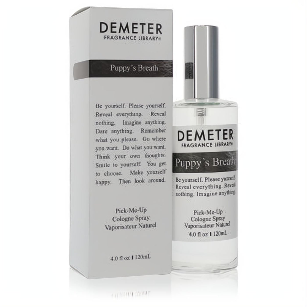 Demeter Puppy's Breath 4 oz unisex cologne spray in a clear glass bottle with a silver cap, presented with its elegant white box.