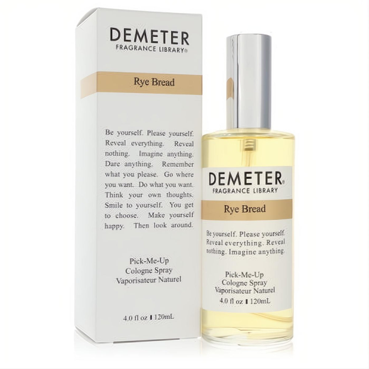 Demeter Rye Bread 4 oz unisex cologne spray. Elegant clear glass bottle with silver cap, displayed with its white and gold-banded box.