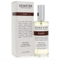 Demeter Saddle 4 oz cologne spray: sophisticated clear glass bottle, silver cap, and crisp white box with brown band.