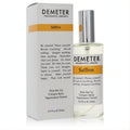 Experience Demeter Saffron 4 oz unisex cologne. Clear glass spray bottle, silver cap, white label with orange band, and matching box.