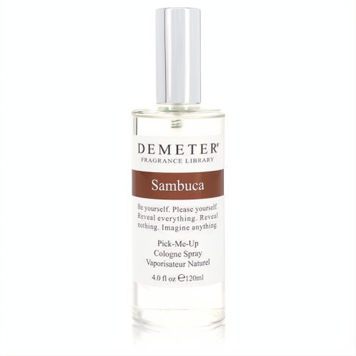 Demeter Sambuca 4 oz cologne spray in a clear glass bottle with a sleek silver cap and a distinctive brown label.