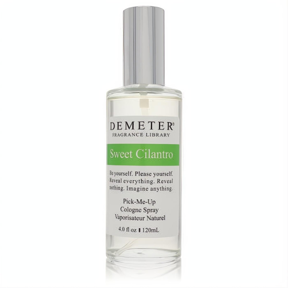 Demeter Sweet Cilantro 4 oz unisex cologne spray. Clear glass bottle, vibrant green label, and sleek silver cap.
